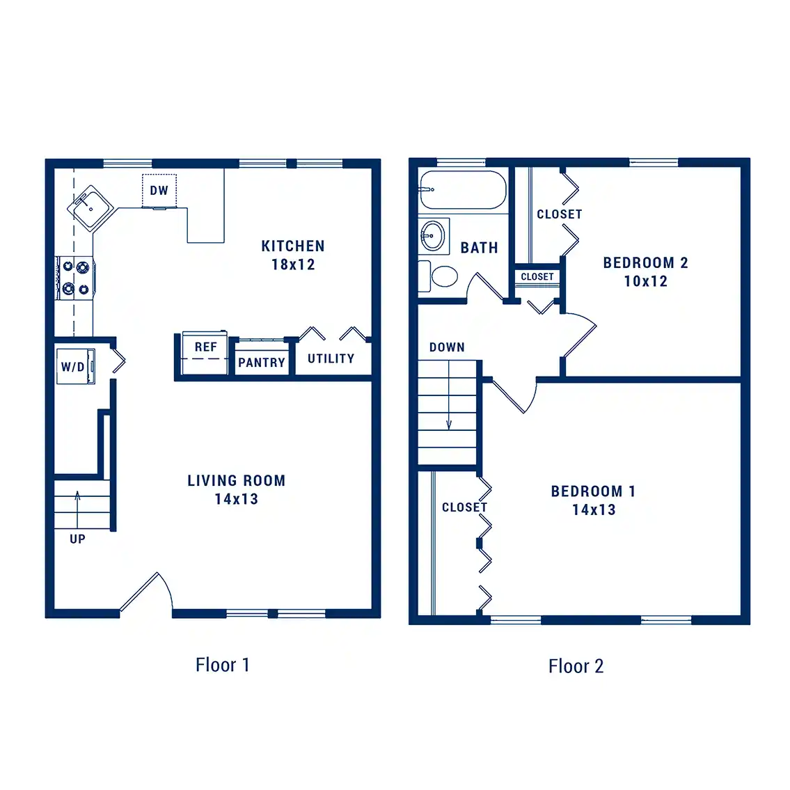 Inviting two-story floor plan featuring a spacious kitchen and living room on the first floor, two comfortable bedrooms and a bath on the second floor, complete with utility and pantry space for modern living.