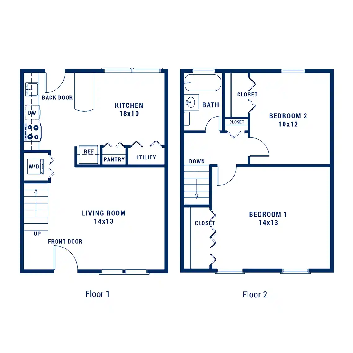 Elegant two-story floor plan featuring a spacious kitchen, cozy living room, utility area, two bedrooms, and a modern bathroom.