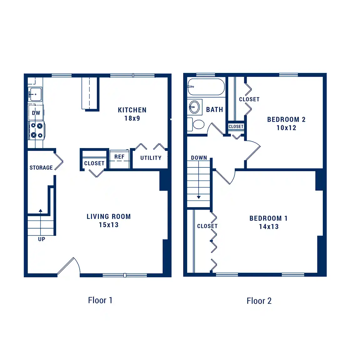 Charming two-story floor plan showcasing a spacious kitchen, inviting living room, and two cozy bedrooms with ample closet space.