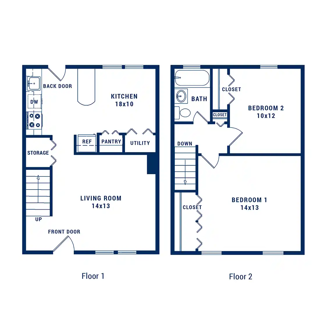 Elegant two-story floor plan featuring a spacious kitchen, cozy living room, two comfortable bedrooms, and ample storage with convenient utility space.