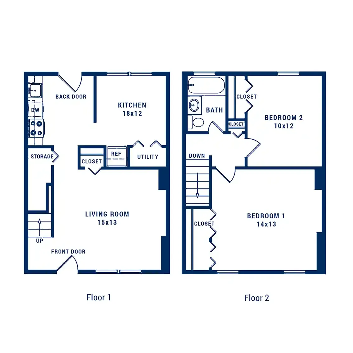 Charming 2-story floor plan with 2 spacious bedrooms, large kitchen, generous living room, and ample storage space.