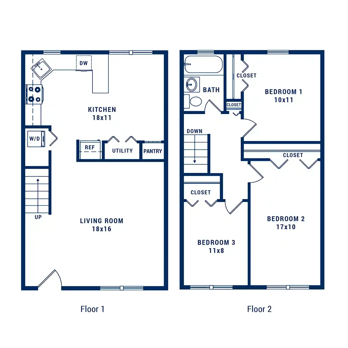 Modern two-story floor plan featuring an open-concept living room and kitchen on the first floor, with three bedrooms and a bathroom on the second floor, ideal for comfortable family living.