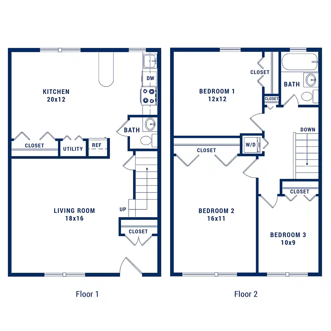 Modern two-story floor plan featuring a spacious kitchen, living room, utility space on the first floor, and three bedrooms with ample closets and a bath on the second floor.