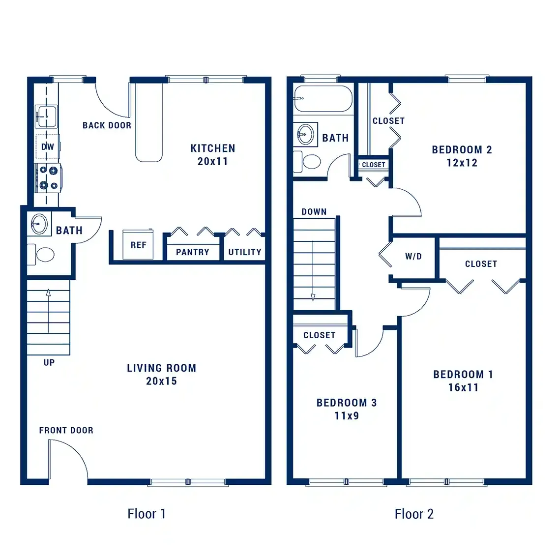 Elegant two-story floor plan showcasing three spacious bedrooms, a modern kitchen, and an inviting living room. Includes convenient pantry and utility spaces for easy living.