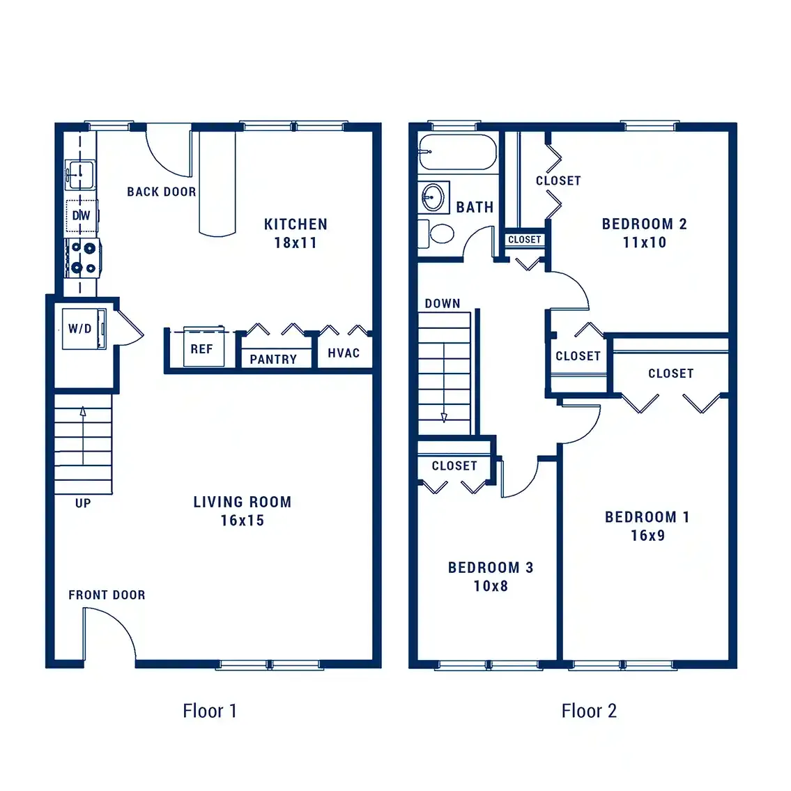 Modern two-story floor plan featuring a spacious kitchen, large living room, and three bedrooms with ample closet space.
