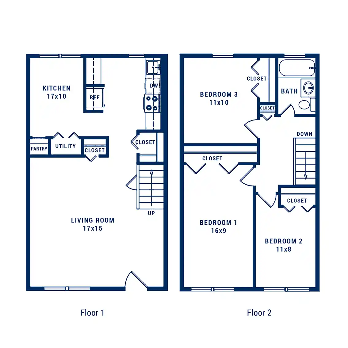 Charming two-story floor plan with spacious living room, modern kitchen, and three cozy bedrooms offering ample closet space.
