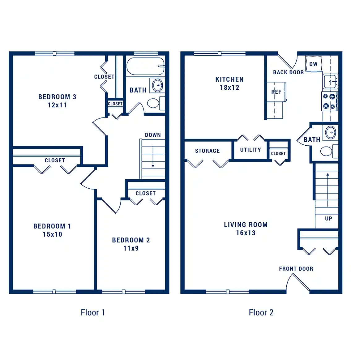 Charming 2-story floor plan showcasing 3 bedrooms, a spacious living room, and a modern kitchen, perfect for comfortable living.