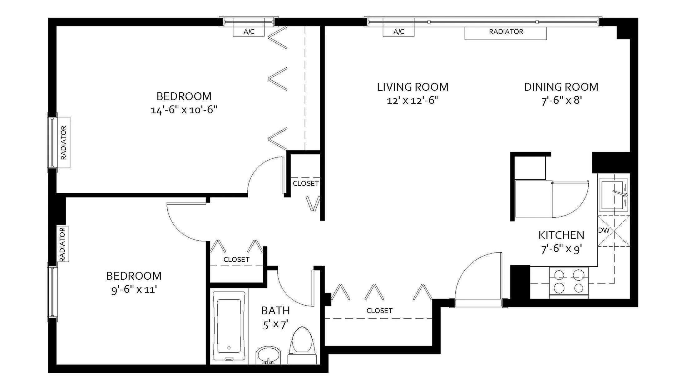 Contemporary floor plan showcasing 2 cozy bedrooms, inviting living and dining areas, and a well-appointed kitchen.