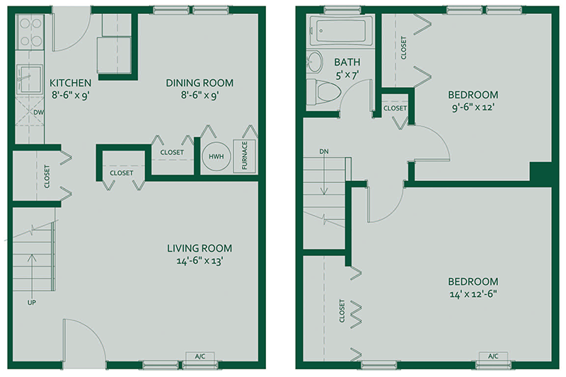 Charming two-story floor plan featuring 2 bedrooms, a cozy dining room, and an efficient kitchen layout. Includes spacious living room, ample closet space, and modern amenities.