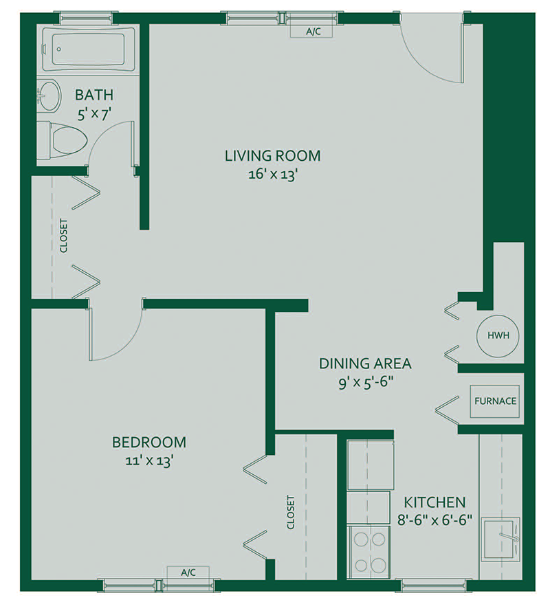 Charming 1-bedroom apartment floor plan featuring a spacious living room, cozy kitchen with dining area, and a modern bath.
