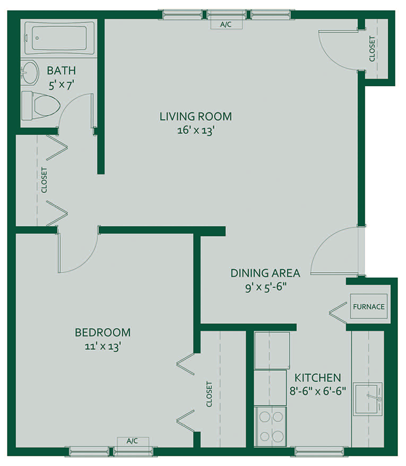 Chic 1-bedroom apartment floor plan featuring a spacious living room, cozy dining area, and well-equipped kitchen.