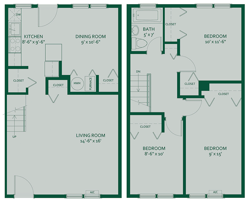 Modern two-story floor plan featuring a spacious living room, dining room, and kitchen on the ground floor, with three bedrooms and a bathroom upstairs, ideal for family living.