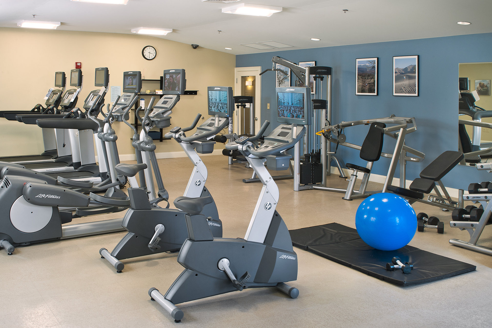 Modern apartment gym with state-of-the-art fitness equipment, including treadmills, stationary bikes, and a spacious workout area.