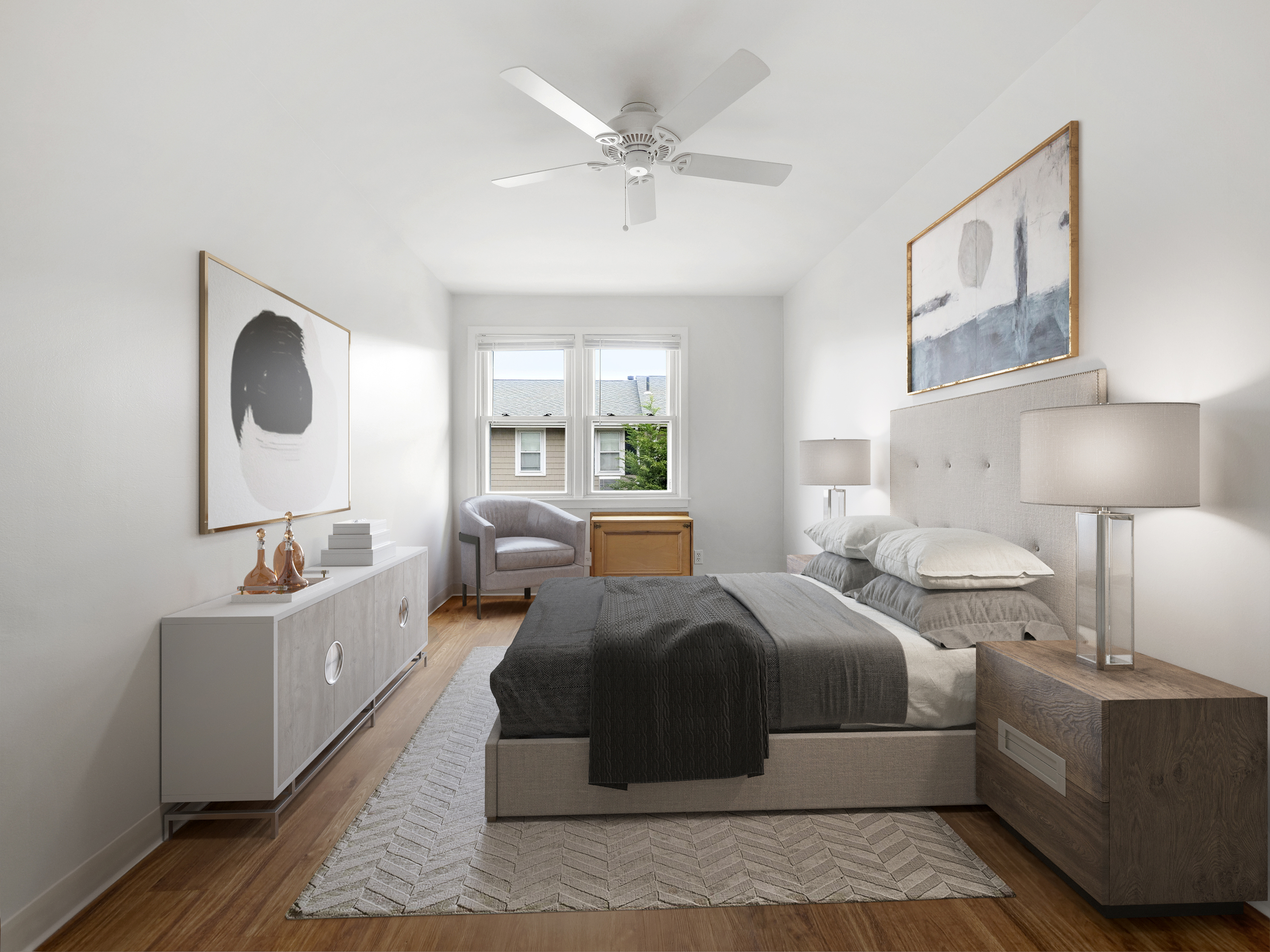 Elegant bedroom with modern decor, featuring a stylish bed, chic artwork, and abundant natural light through large windows.