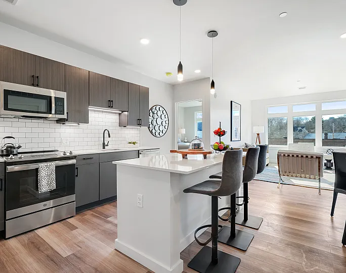 Modern open-plan kitchen and living area with sleek cabinetry, large island, and abundant natural light from expansive windows.