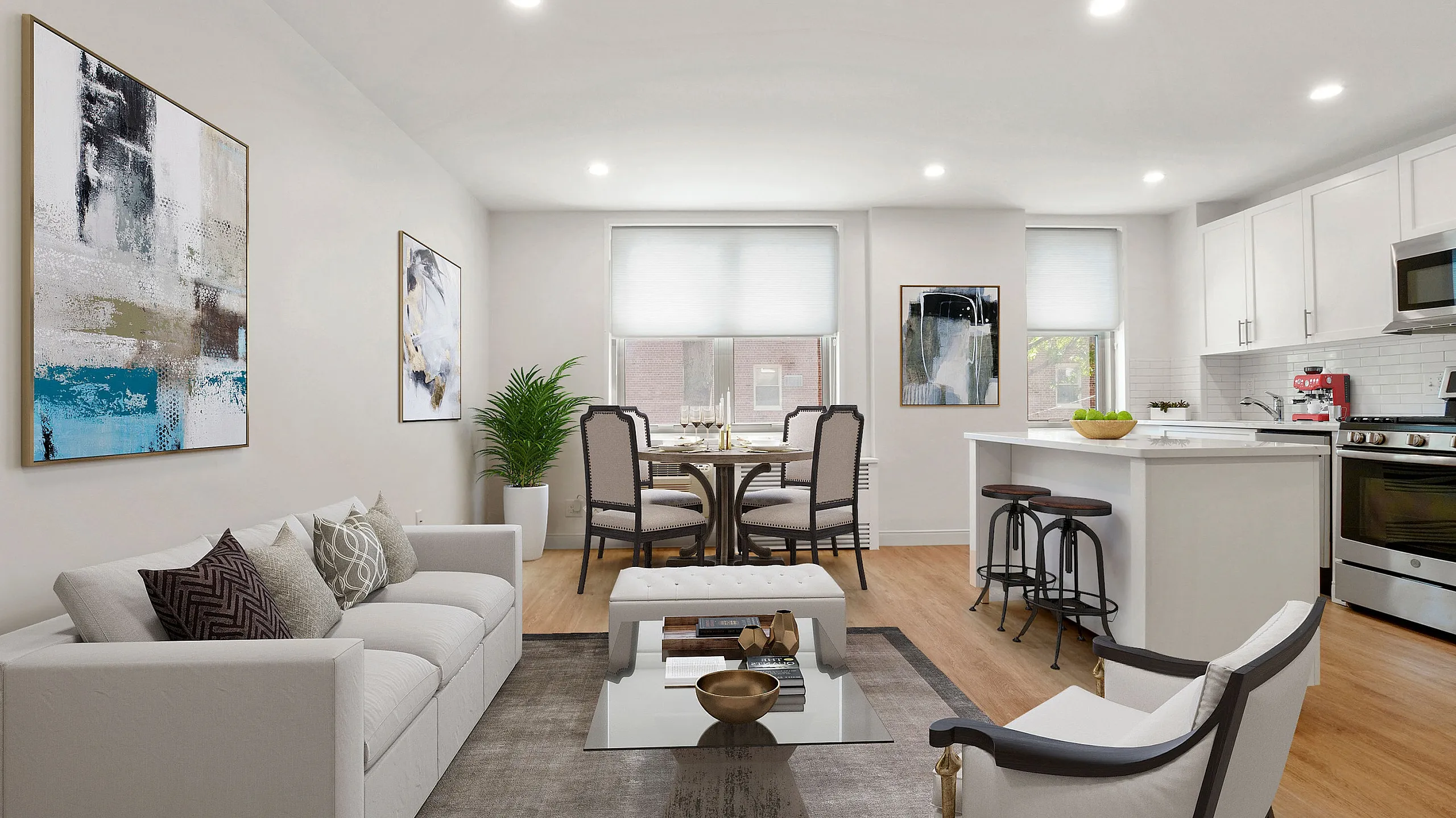 Bright and modern open-plan living room with stylish decor, a cozy dining area, and a sleek kitchen featuring stainless steel appliances.