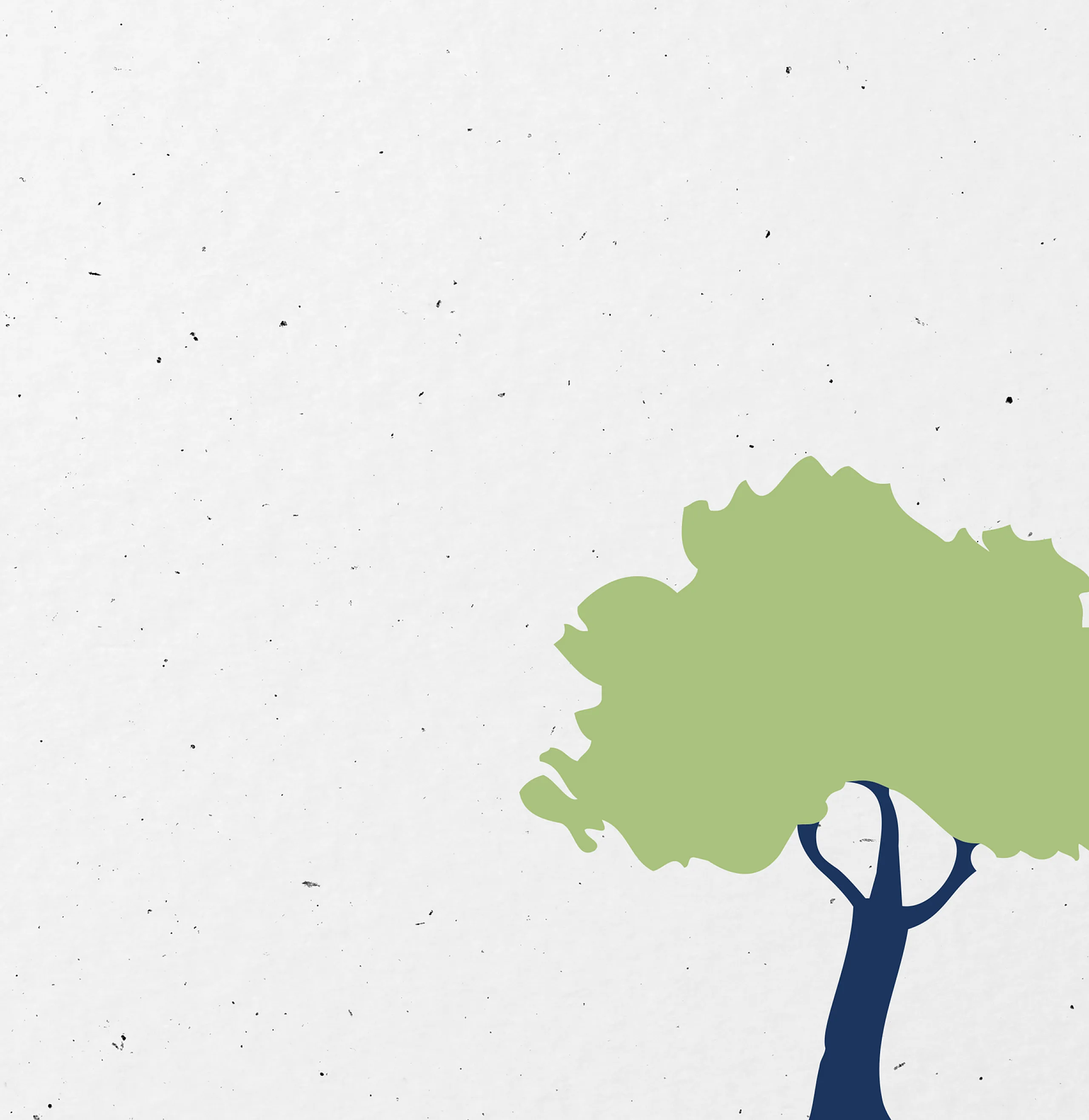 Minimalist illustration featuring a simple tree with green foliage against a clean, speckled white background.