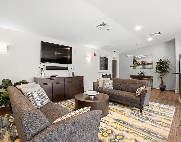Contemporary living room with stylish sofas, vibrant patterned rug, and sleek entertainment area, perfect for relaxation and socializing.