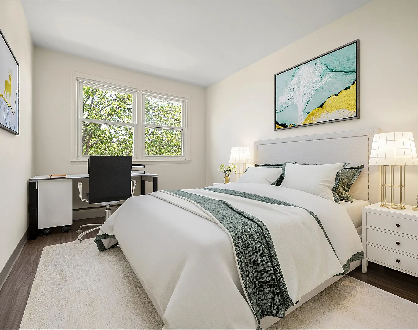 Bright bedroom with modern decor, featuring a cozy bed, stylish artwork, and a functional workspace by the window.