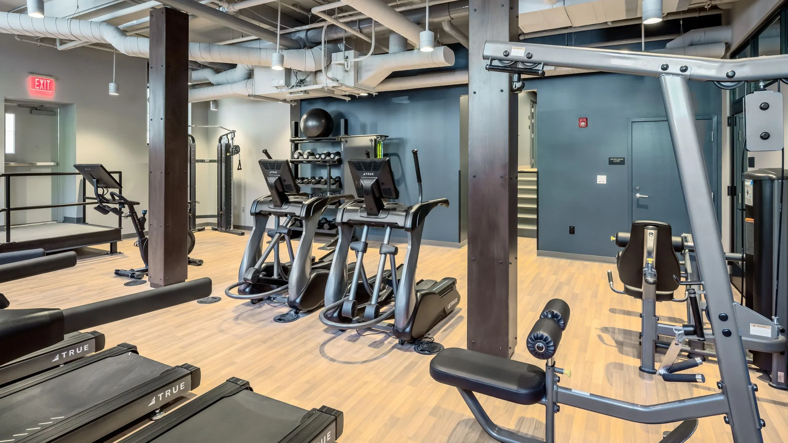 Modern apartment gym with state-of-the-art equipment, sleek design, and ample workout space for fitness enthusiasts.