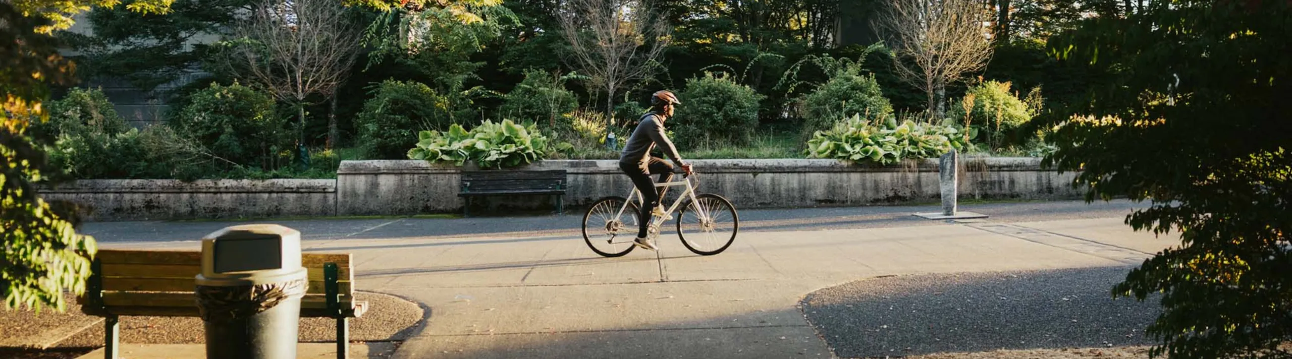 Serene outdoor pathway with lush greenery, featuring a cyclist enjoying a sunny ride, perfect for urban relaxation and exploration.