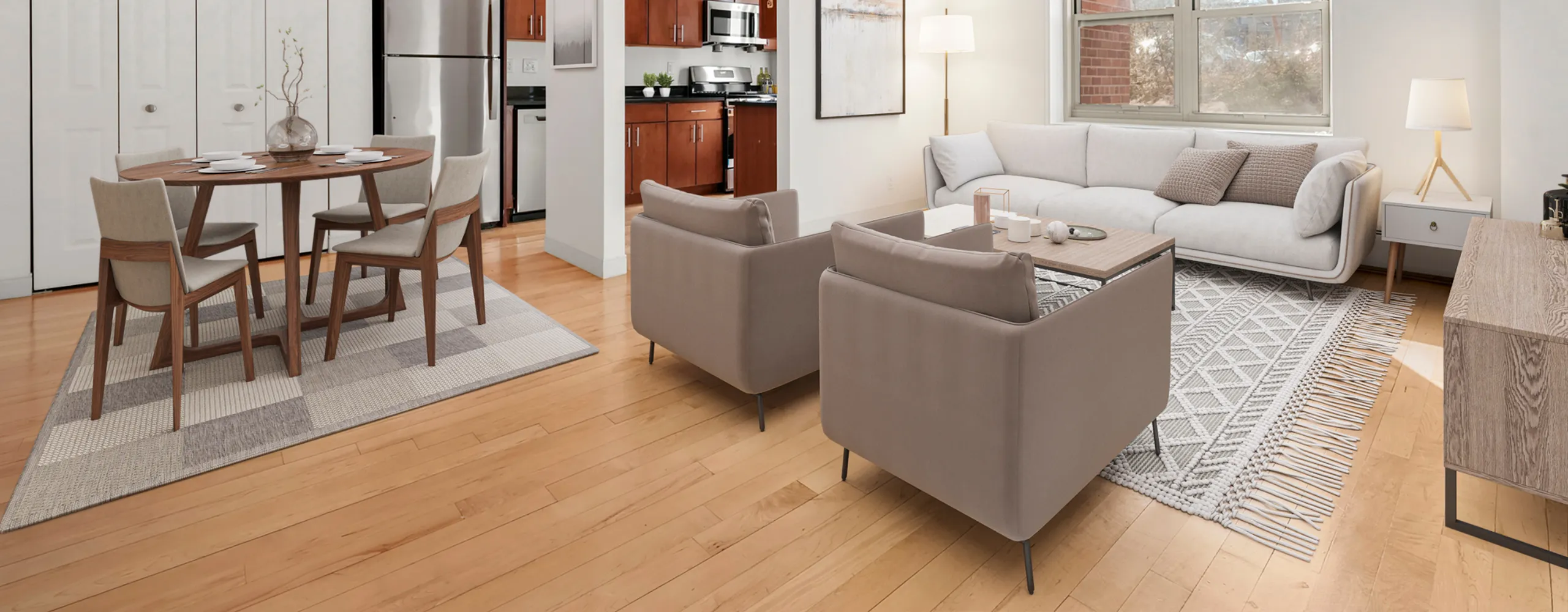 Contemporary open-concept living and dining area with cozy seating, stylish dining set, and modern kitchen with stainless steel appliances.
