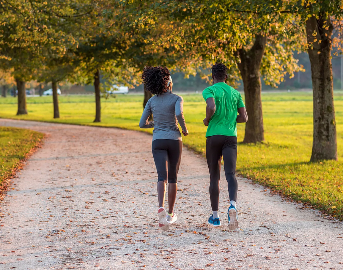 Two people jogging along a scenic park pathway, surrounded by lush greenery and bathed in warm sunlight.