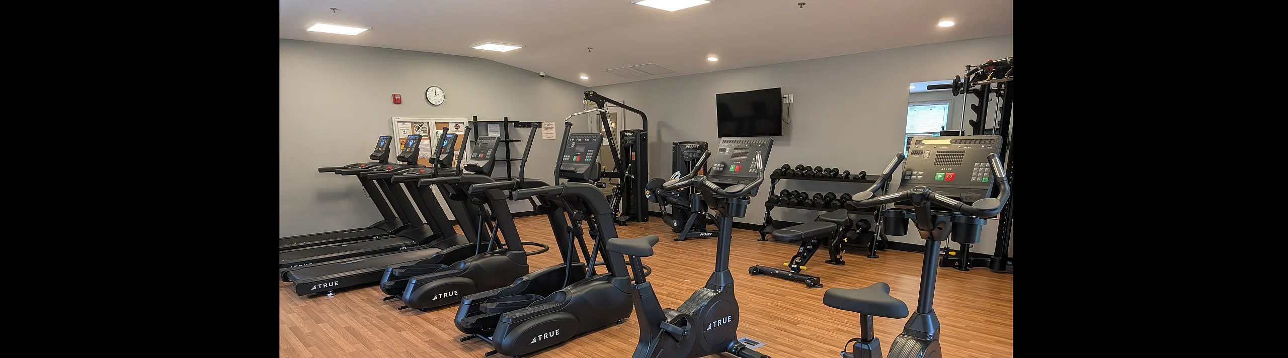 Modern fitness center with state-of-the-art treadmills, exercise bikes, and free weights on stylish wood flooring.
