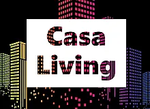Vibrant cityscape with colorful high-rise buildings and 'Casa Living' text, showcasing modern urban lifestyle.