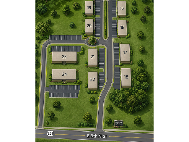 Inviting aerial view of Colonial Park Apartments layout with neatly arranged buildings, lush greenery, and spacious parking areas.