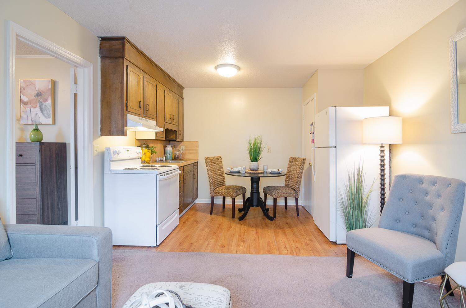 Cozy apartment with open-plan living area featuring modern kitchen, stylish dining set, and elegant decor.