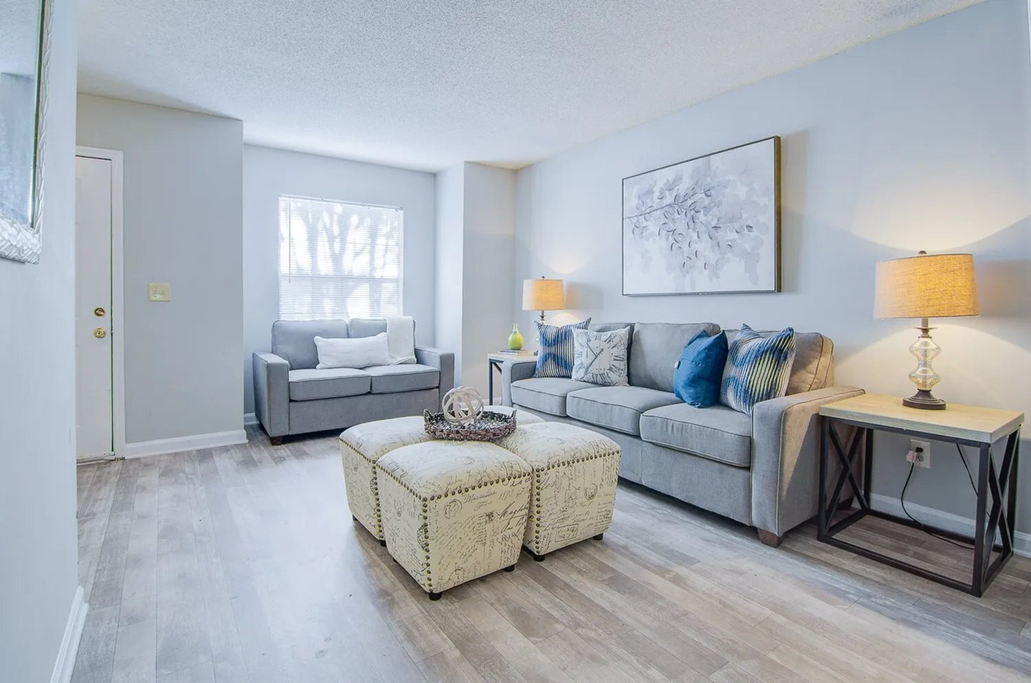 Bright and inviting living room with chic gray sofas, modern decor, and stylish hardwood flooring.
