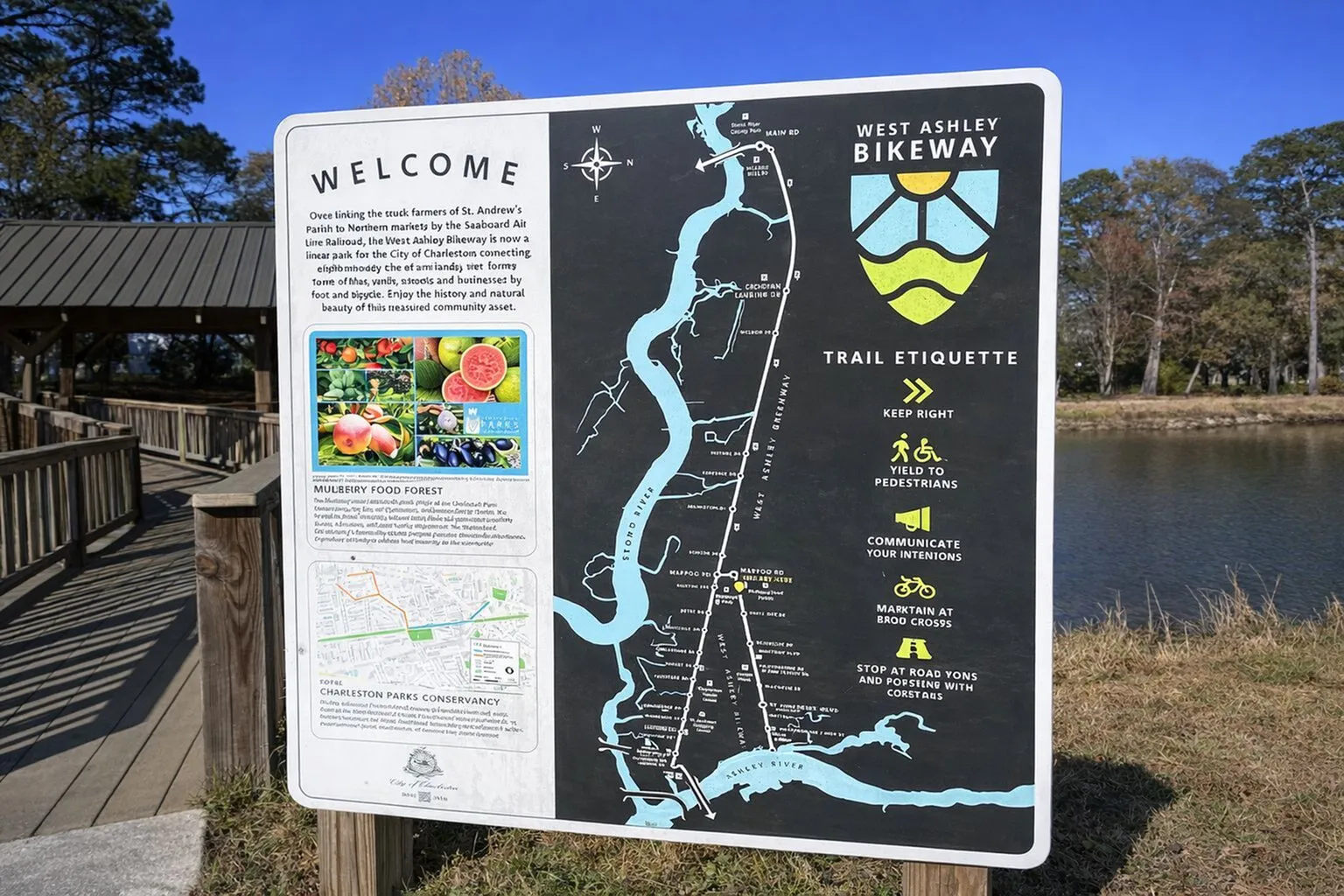 Inviting sign for West Ashley Bikeway featuring trail map and etiquette tips next to scenic pond backdrop.
