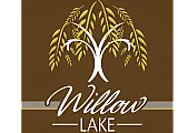 Elegant Willow Lake logo featuring a stylized willow tree on a rich brown background, embodying nature and serenity.