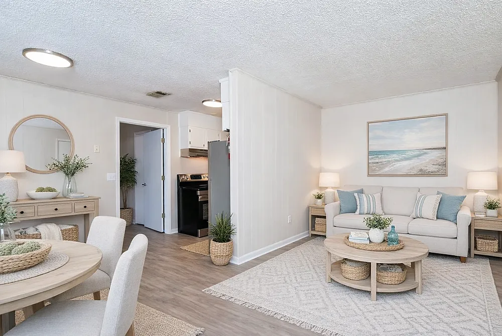Bright, cozy living room with chic decor, featuring a plush sofa, stylish dining area, and modern kitchen in a serene open-plan layout.
