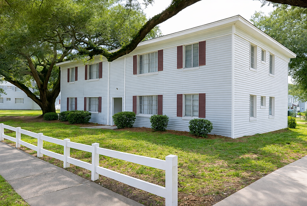 Charming two-story white apartment building surrounded by lush greenery and a classic white fence, offering a peaceful living environment.