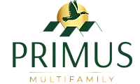 Elegant Primus Multifamily logo featuring a soaring bird over a stylized rooftop with a golden sun backdrop.