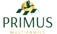 Elegant Primus Multifamily logo featuring a soaring bird over a stylized rooftop with a golden sun backdrop.