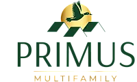 Elegant Primus Multifamily logo featuring a soaring bird over a stylized rooftop with a golden sun backdrop.