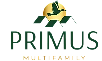 Elegant Primus Multifamily logo featuring a soaring bird over a stylized rooftop with a golden sun backdrop.
