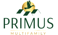 Elegant Primus Multifamily logo featuring a soaring bird over a stylized rooftop with a golden sun backdrop.
