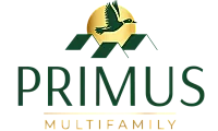 Elegant Primus Multifamily logo featuring a soaring bird over a stylized rooftop with a golden sun backdrop.