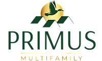 Elegant Primus Multifamily logo featuring a soaring bird over a stylized rooftop with a golden sun backdrop.