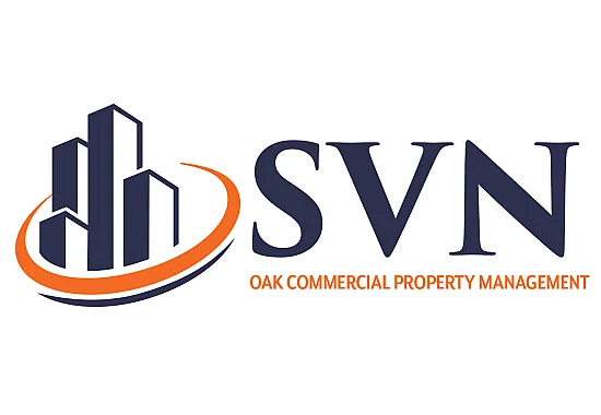 Dynamic logo of SVN Oak Commercial Property Management featuring modern building silhouettes and a vibrant swoosh design.