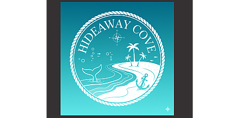 Enchanting Hideaway Cove emblem featuring palm trees, a serene beach scene, and a whale tail, evoking a sense of tropical tranquility.