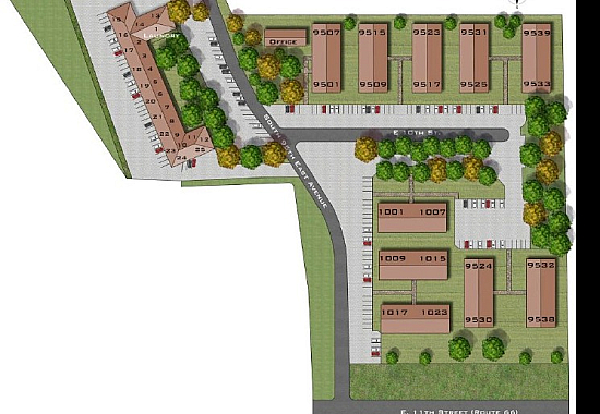 Charming apartment complex layout featuring neatly arranged buildings, vibrant green spaces, and ample parking, offering a sense of community and convenience.
