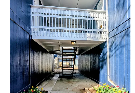 Inviting apartment entrance with modern architecture, vibrant blue walls, and blossoming flowers.