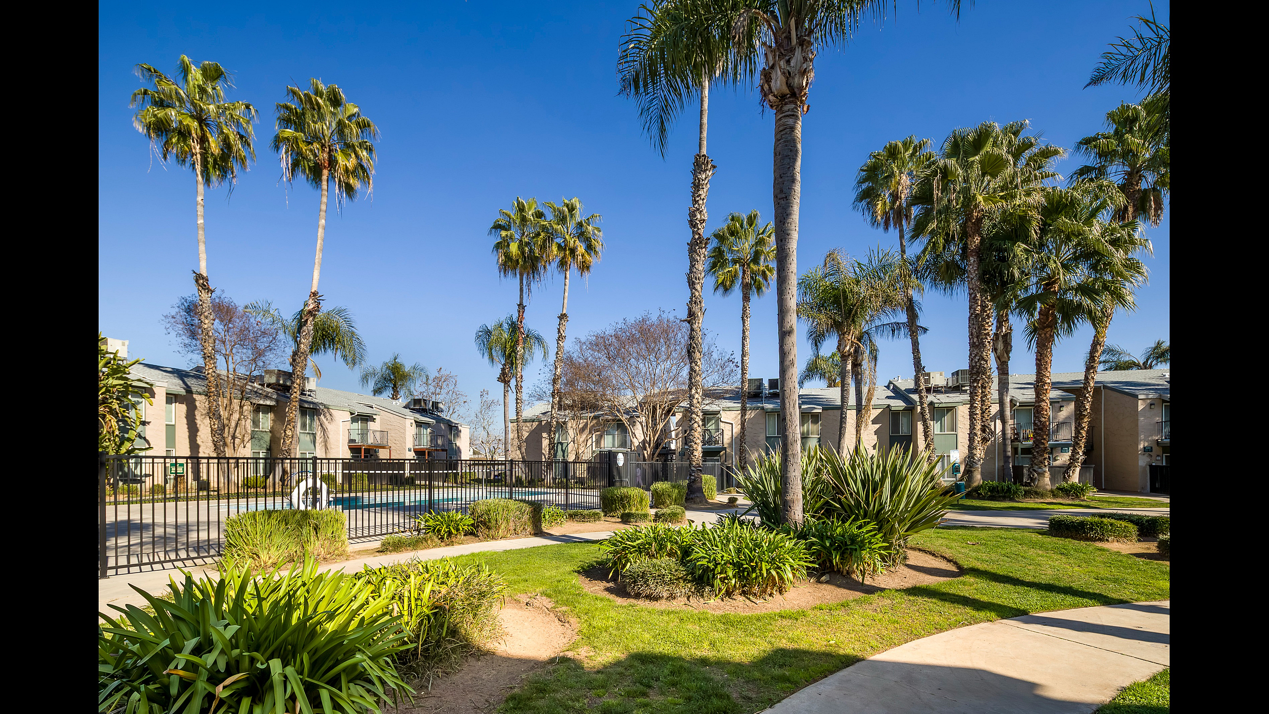 Bright and inviting apartment complex surrounded by lush palm trees and manicured green spaces, offering a serene retreat.