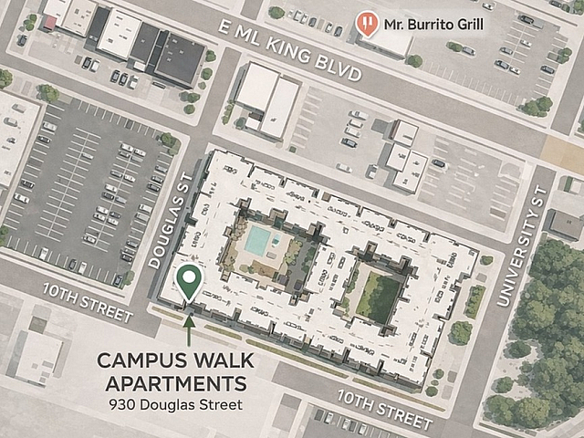 Aerial view of Campus Walk Apartments at 930 Douglas Street, featuring a central courtyard with a pool, surrounded by convenient amenities like Ria's Mart and Mr. Burrito Grill.