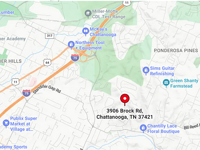 Detailed map view highlighting 3906 Brock Rd, Chattanooga, TN 37421 with nearby amenities and major highways.